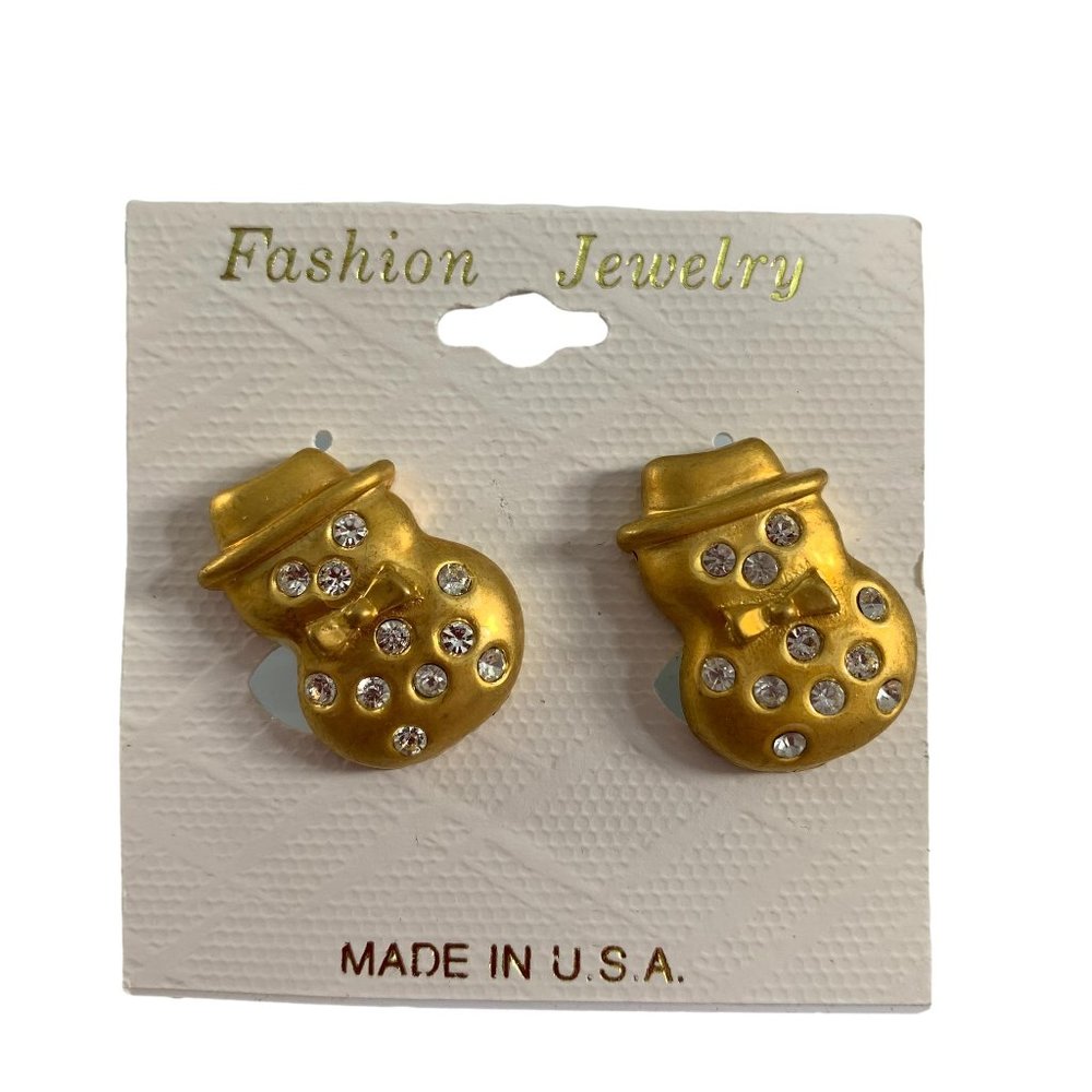 Fashion Jewelry Gold Tone Rhinestones Snowmen Earrings Christmas Winter 1"
